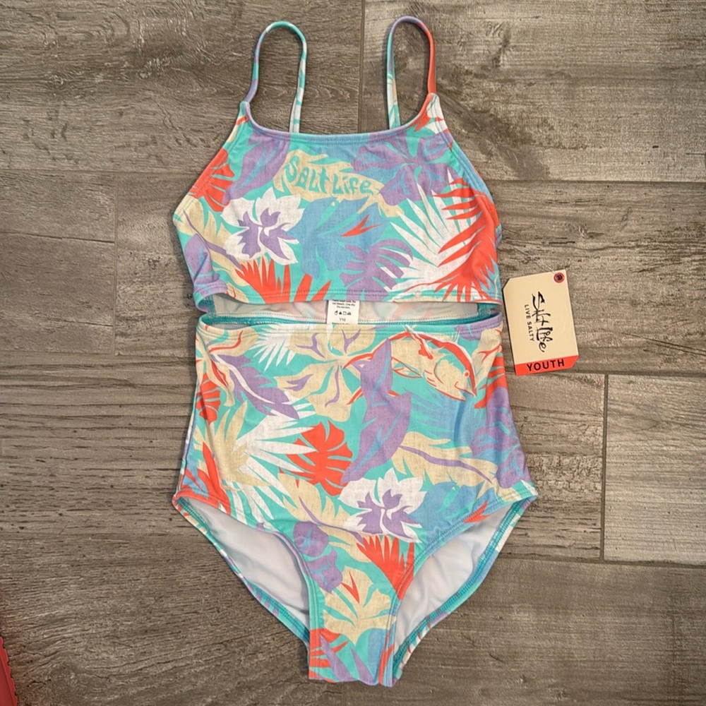 Salt Life Girls Size 10 one piece swimsuit with a two piece look in front Purple